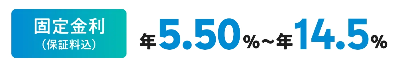 使いみち、もっと自由に！ 固定金利年5.50%~年14.5% ご融資金額10万円~500万円 ご融資期間6ヶ月～10年