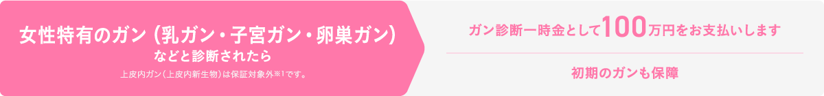女性特有のガン（乳ガン・子宮ガン・卵巣ガン）などと診断されたら ガン診断一時金として100万円をお支払いします 初期のガンも保障